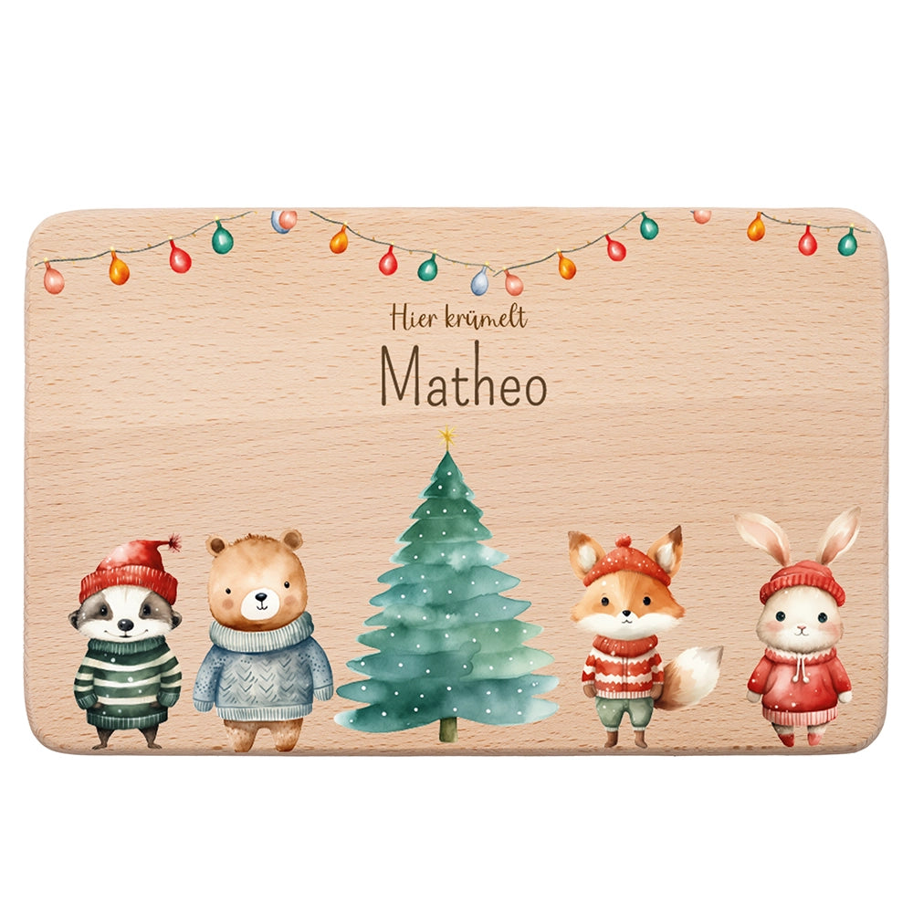 Frühstücksbrettchen Weihnachten mit Tieren und Lichterkette - Geschenk Weihnachten