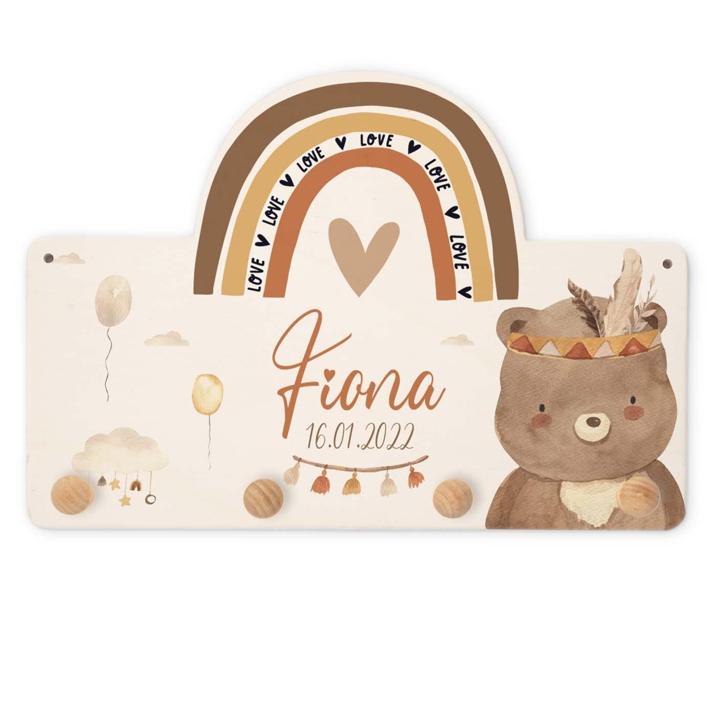 engraved coat rack with rainbow and bear