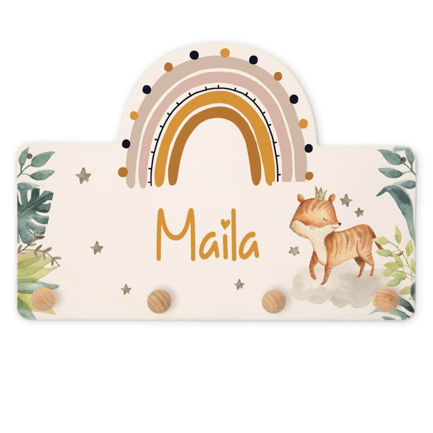 Handgefertigte Regenbogen-Garderobe aus Holz Fuchs