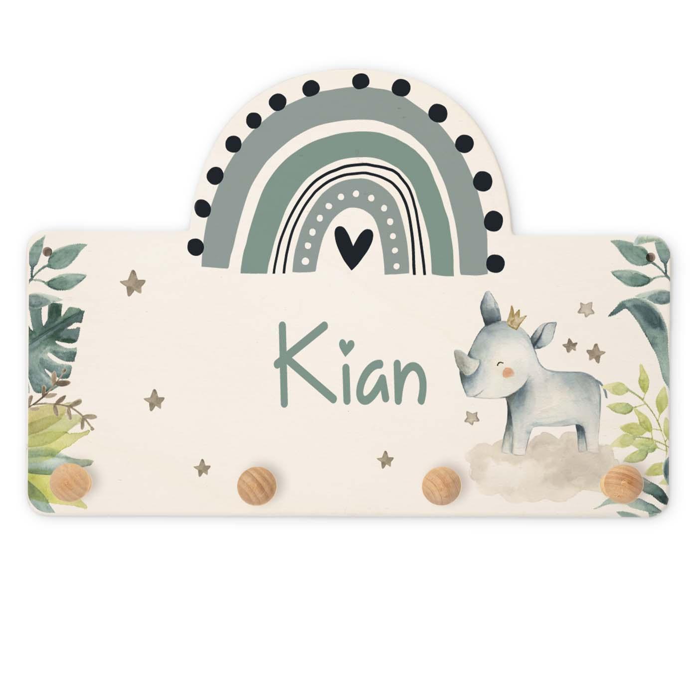 engraved coat rack with rainbow and rhinoceros