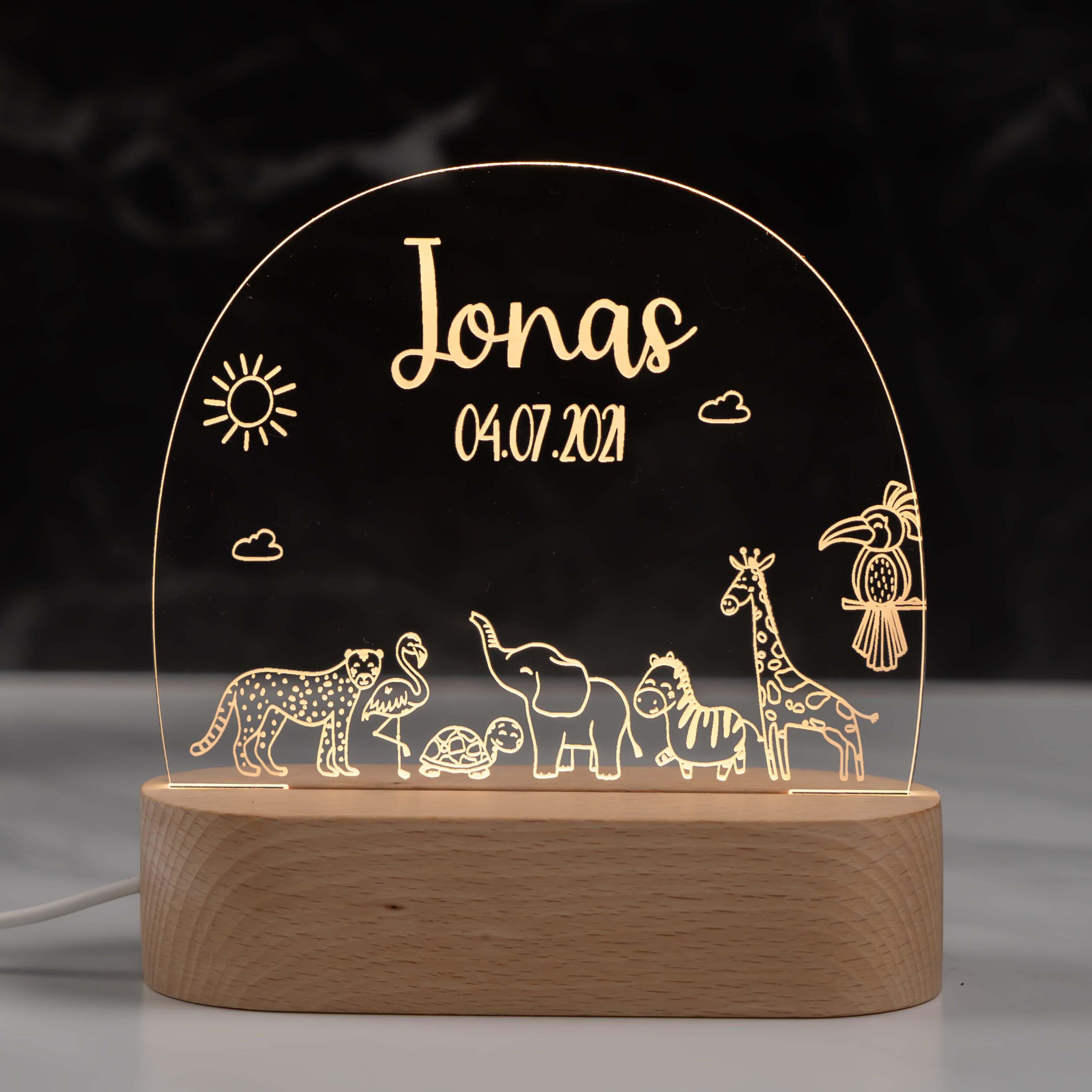 Personalisierte Nachtlampe für Kinder - Safari - Name und Geburtsdatum