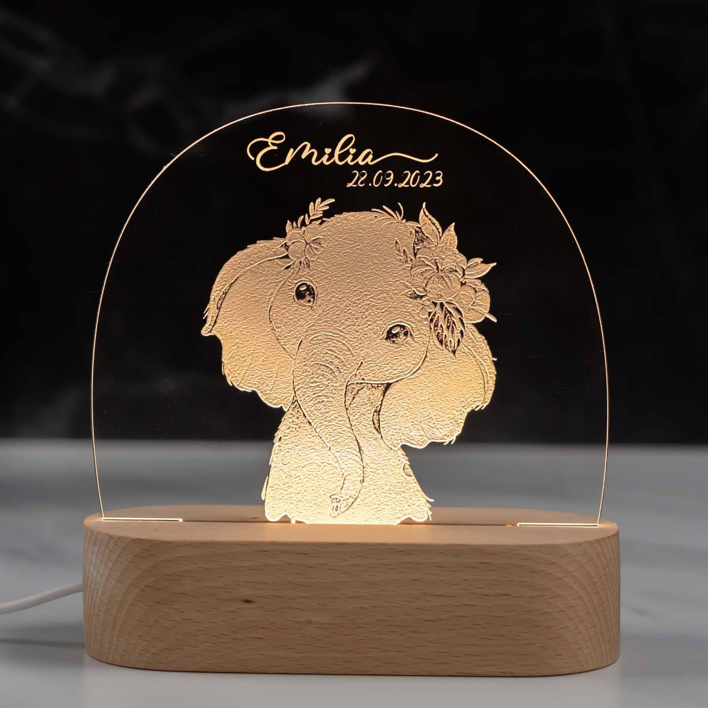 Personalisierte Nachtlampe für Kinder - Elefant - Name und Geburtsdatum