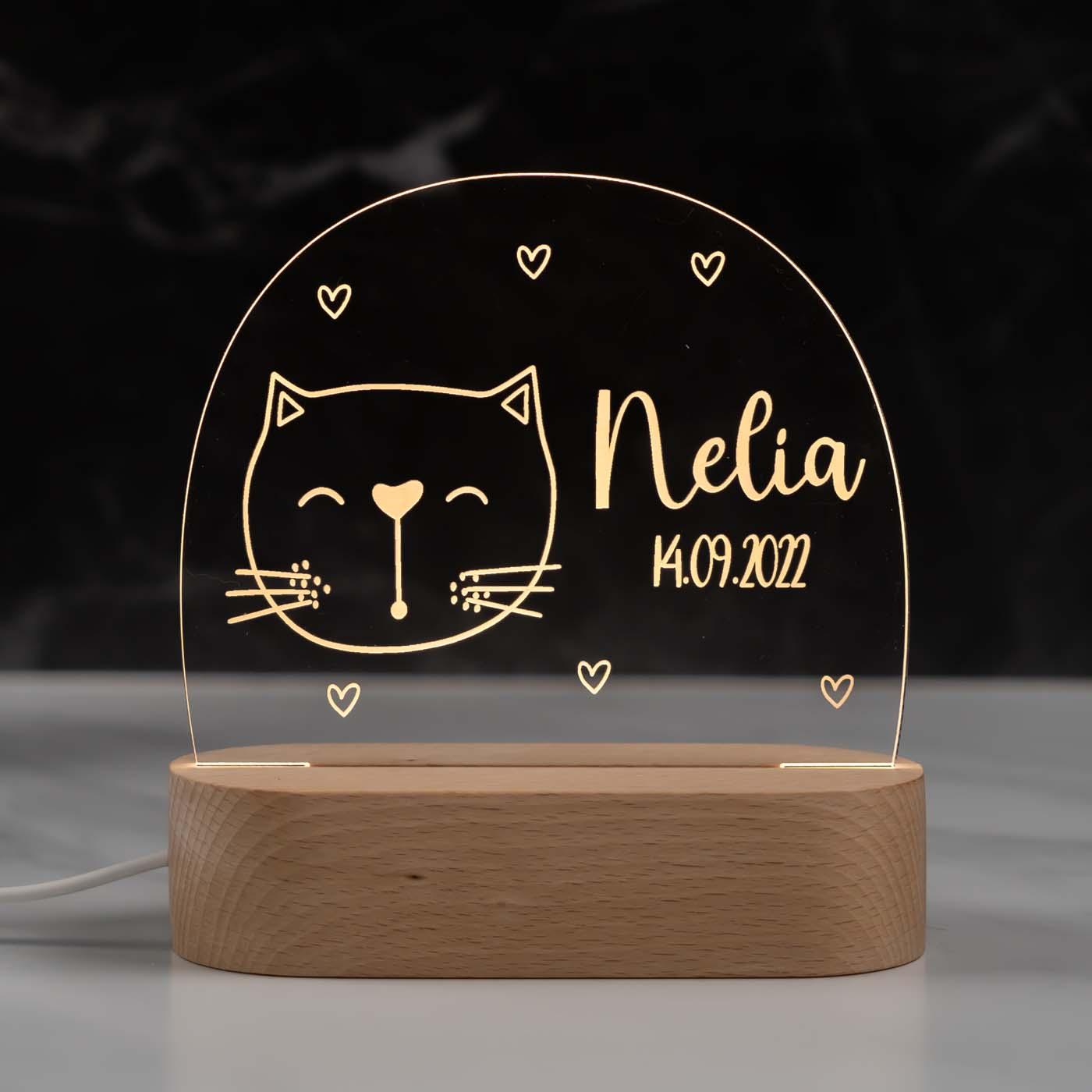 Personalisierte Nachtlampe für Kinder - Kater - Name und Geburtsdatum