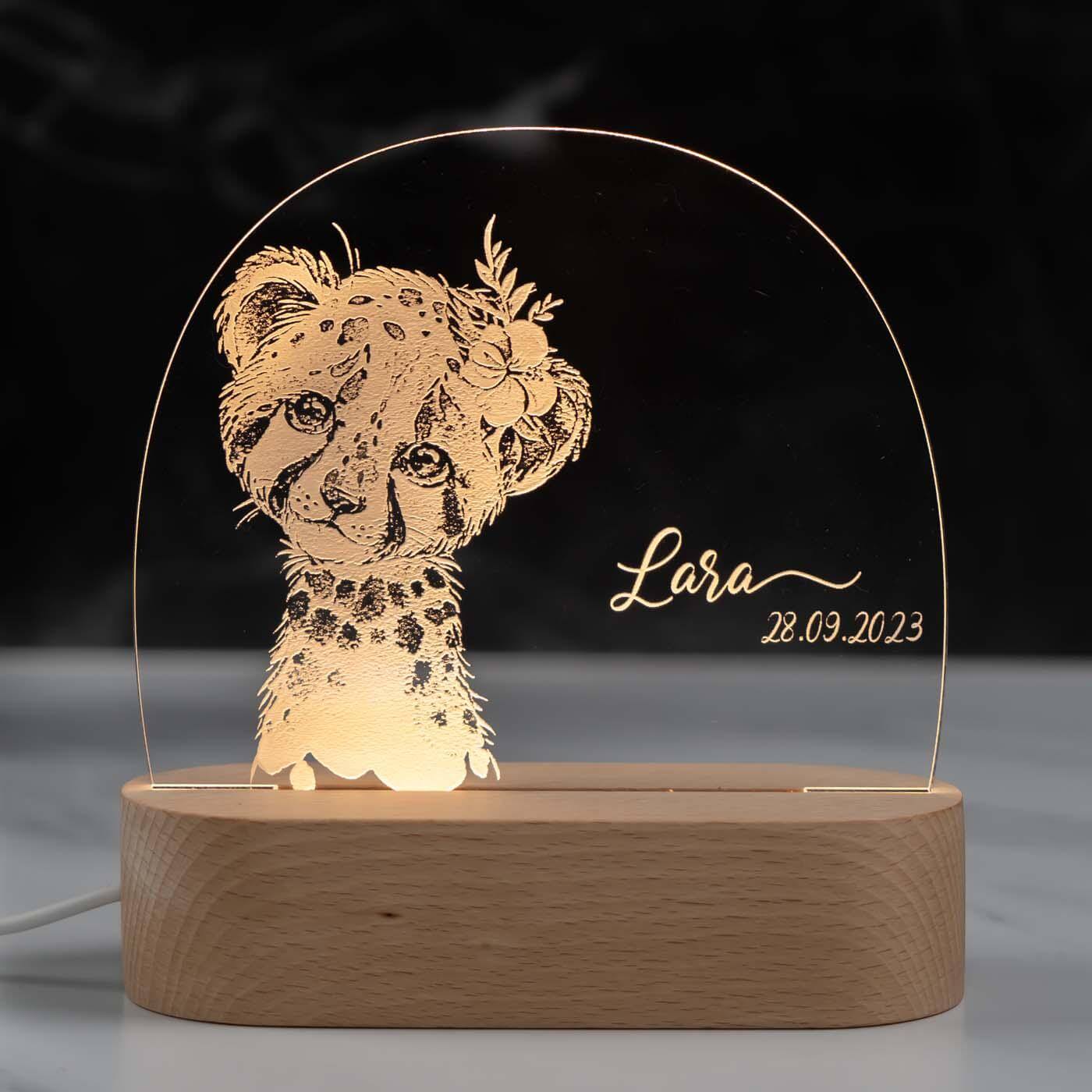 Personalisierte Nachtlampe für Kinder - Baby Leopard - Name und Geburtsdatum