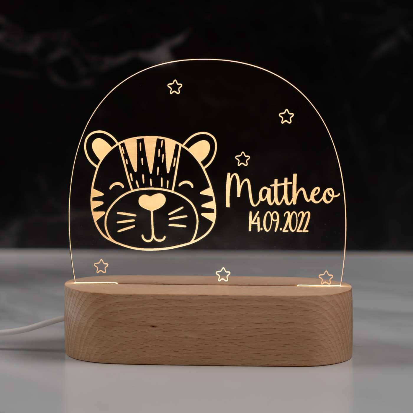 Personalisierte Nachtlampe für Kinder - Tiger - Name und Geburtsdatum