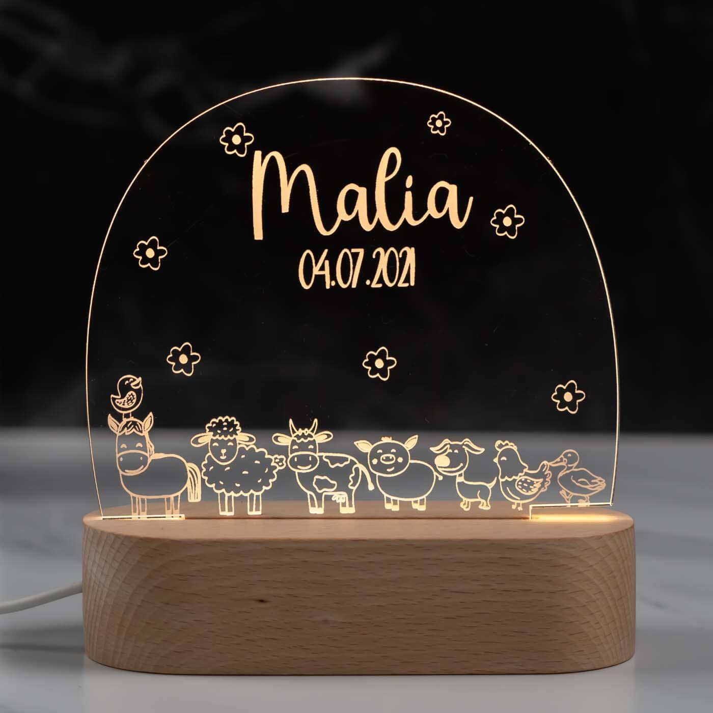 Personalisierte Nachtlampe für Kinder - Bauernhof - Name und Geburtsdatum