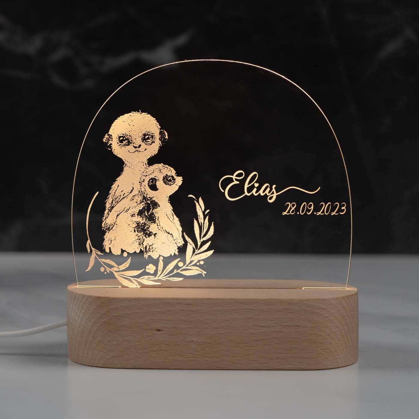 Personalisierte Nachtlampe für Kinder - Erdmännchen - Name und Geburtsdatum