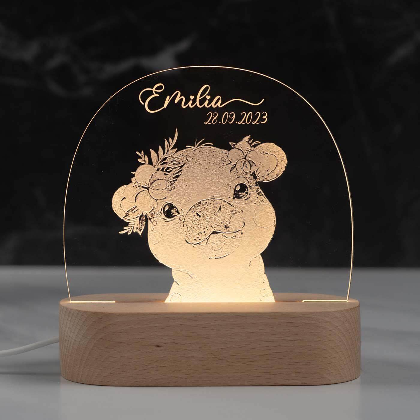 Personalisierte Nachtlampe für Kinder - Nilpferd - Name und Geburtsdatum
