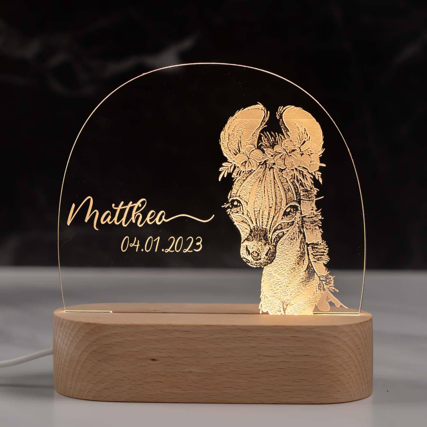 Personalisierte Nachtlampe für Kinder - Zebra - Name und Geburtsdatum