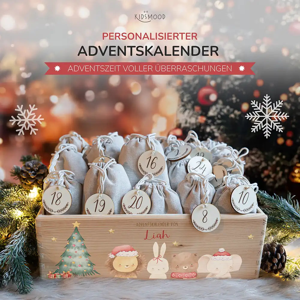 Adventskiste zum befüllen "Weihnachten mit weihnachtlichem Tiertrio" personalisiert