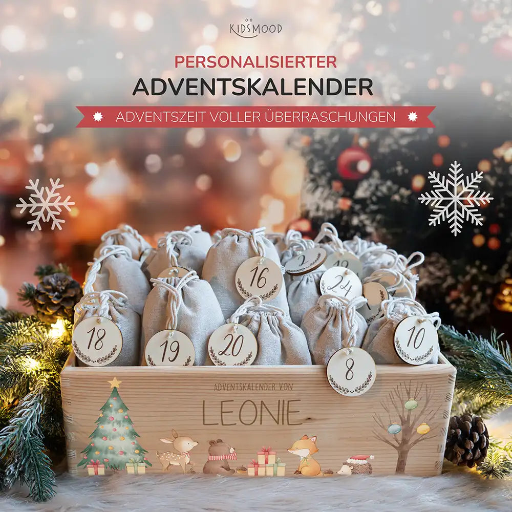 Adventskiste zum befüllen "Waldtiere um den Weihnachtsbaum" personalisiert
