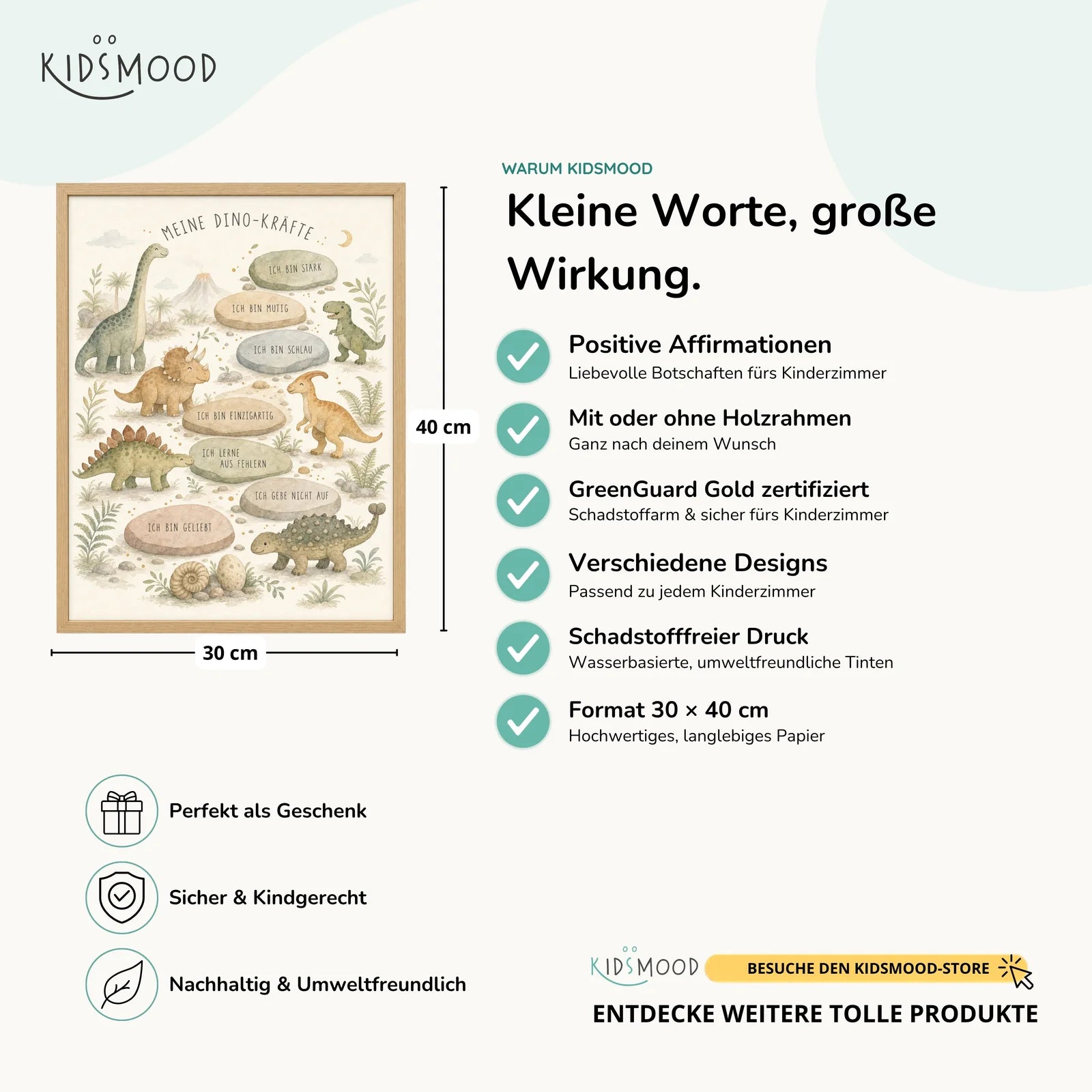 Affirmationsposter Kinderzimmer Dino-KrÀfte, Hauptbild im Holzrahmen, Format 30 x 40 cm
