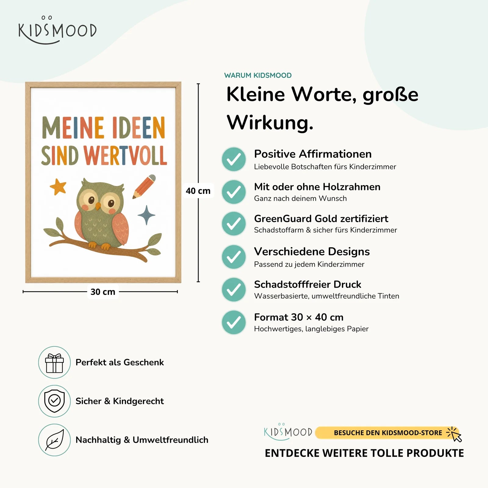 Affirmationsposter Kinderzimmer Eule Meine Ideen sind wertvoll, Hauptbild im Holzrahmen, Format 30 x 40 cm