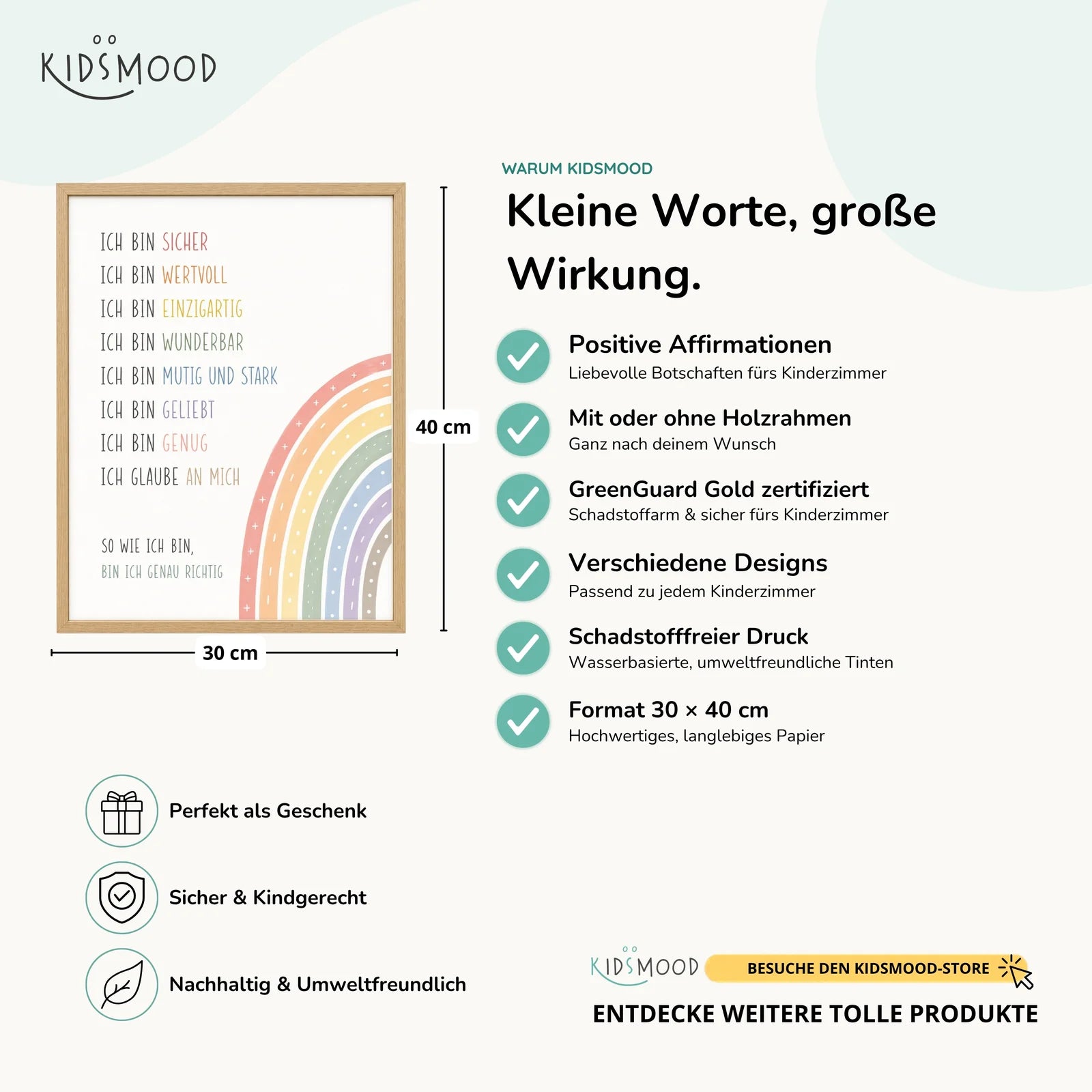 Affirmationsposter Kinderzimmer Minimal Ich bin, Hauptbild im Holzrahmen, Format 30 x 40 cm