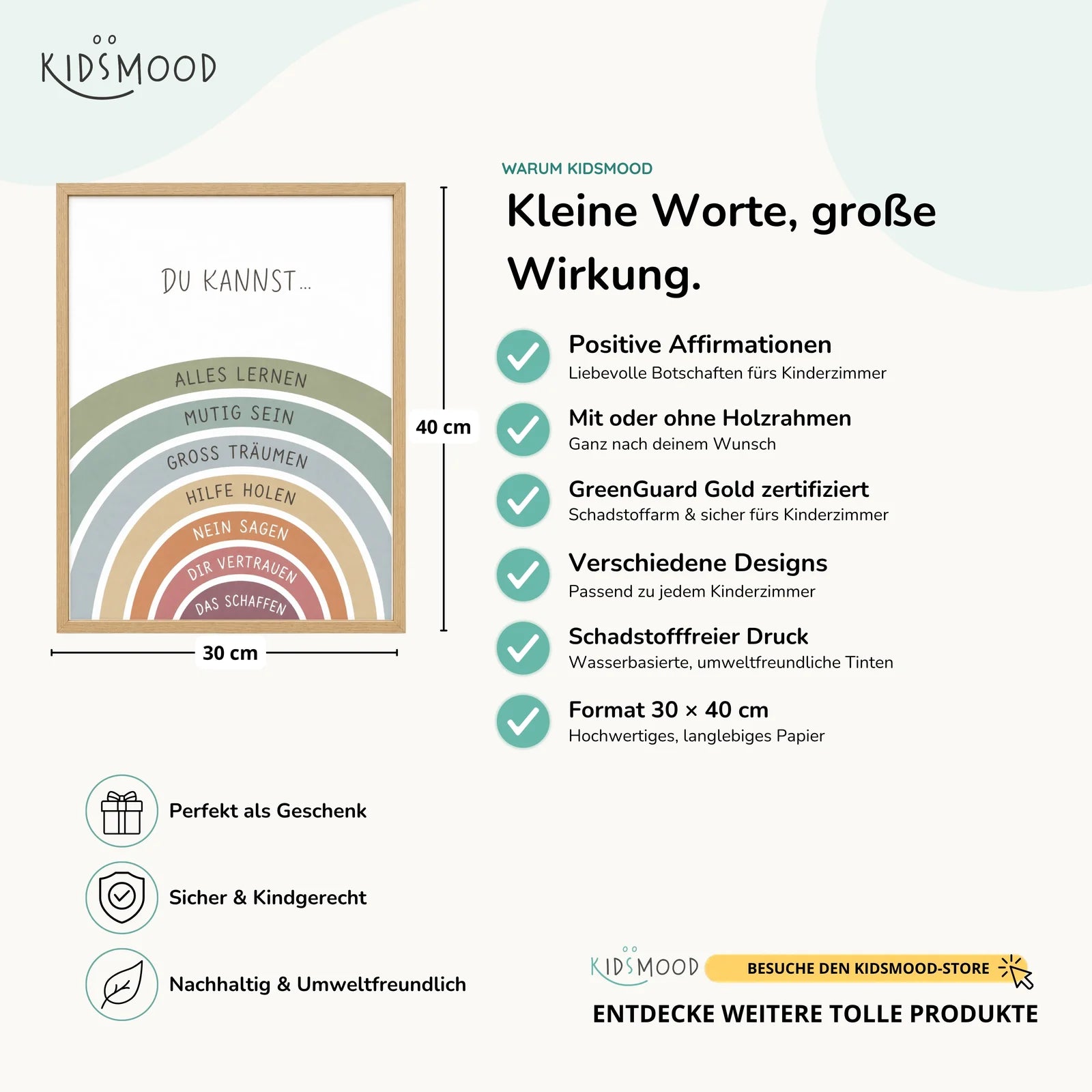 Affirmationsposter Kinderzimmer Regenbogen Du kannst, Hauptbild im Holzrahmen, Format 30 x 40 cm