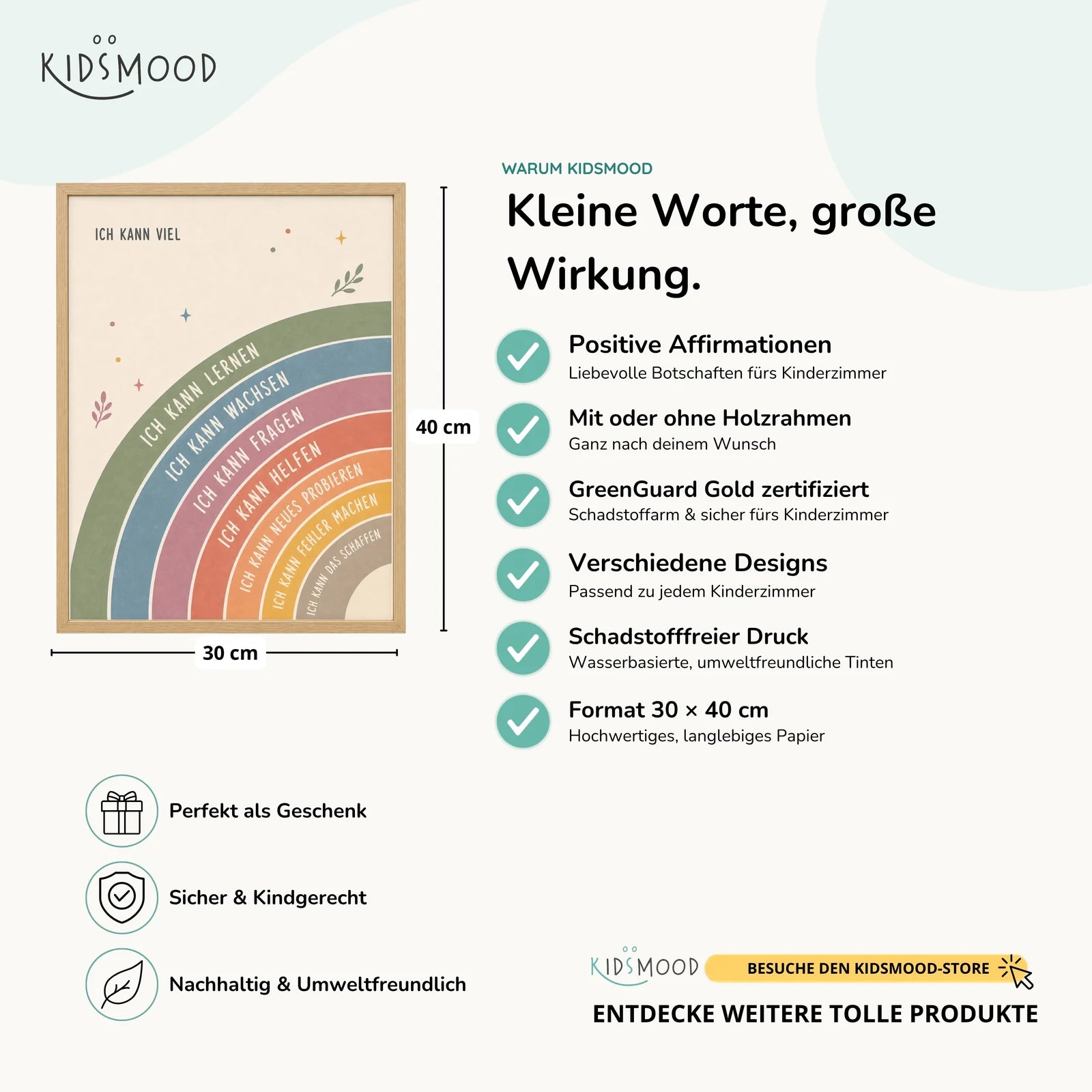 Affirmationsposter Kinderzimmer Regenbogen Ich kann viel, Hauptbild im Holzrahmen, Format 30 x 40 cm
