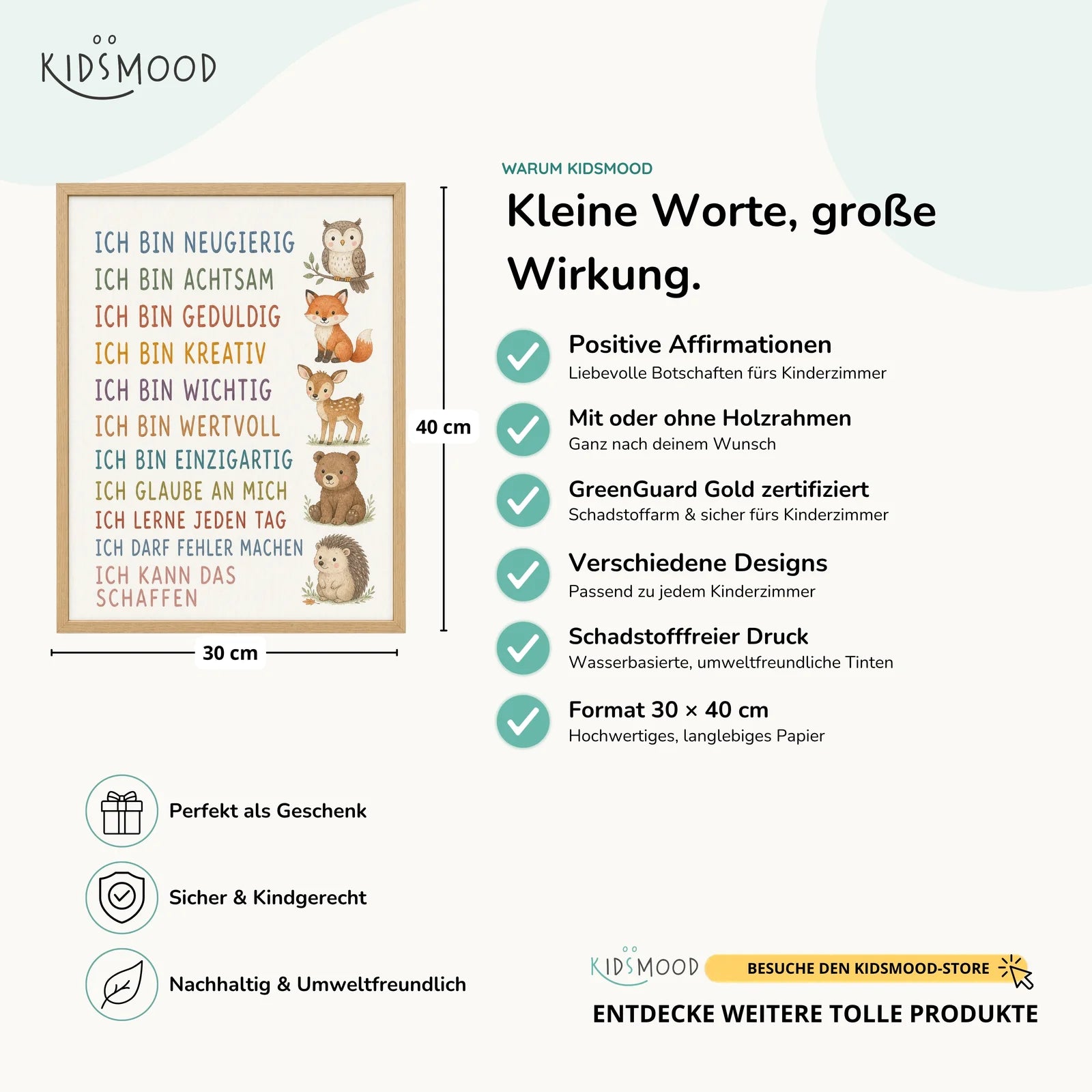 Affirmationsposter Kinderzimmer Waldtiere, Hauptbild im Holzrahmen, Format 30 x 40 cm
