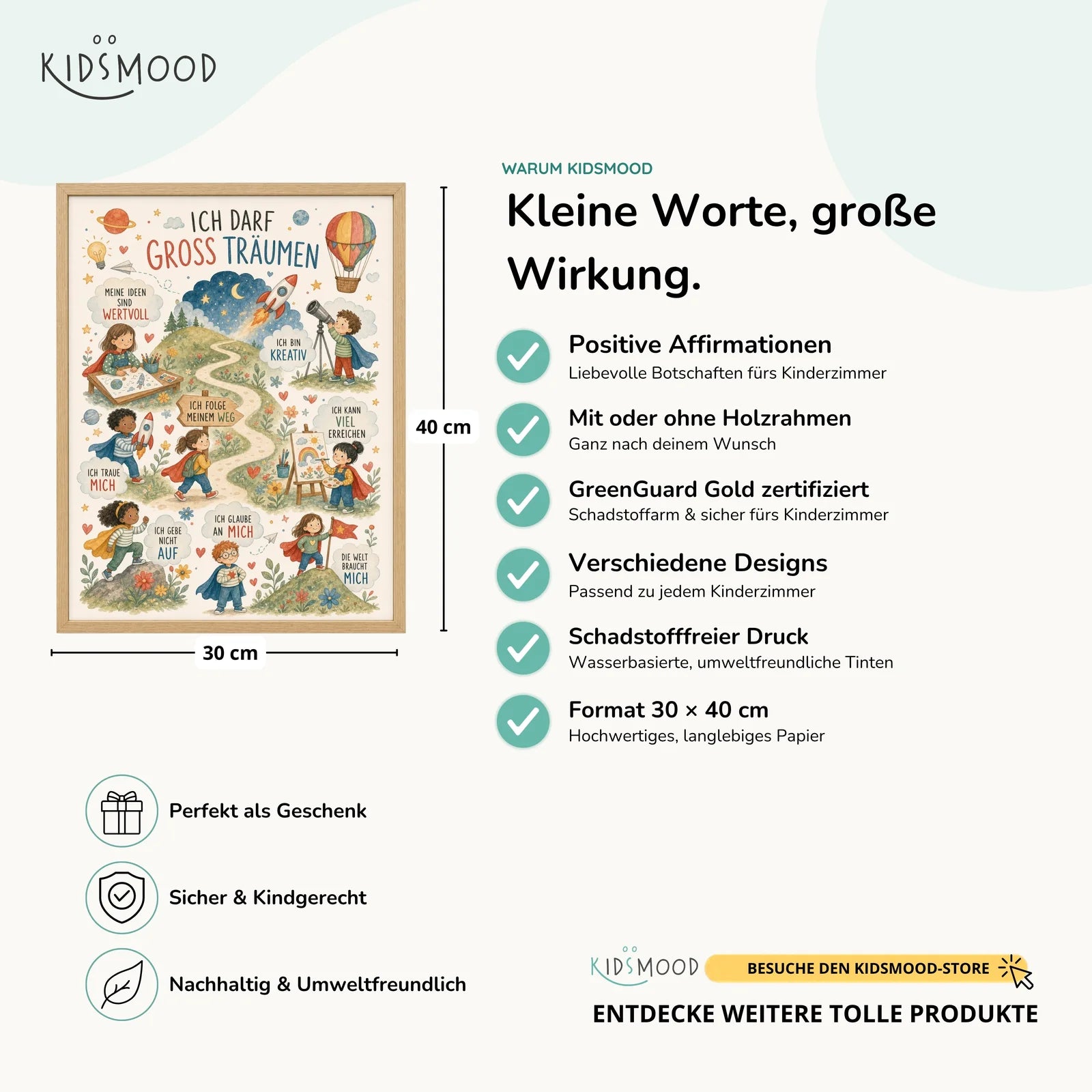 Affirmationsposter Kinderzimmer Wimmelbild Groß träumen, Hauptbild im Holzrahmen, Format 30 x 40 cm