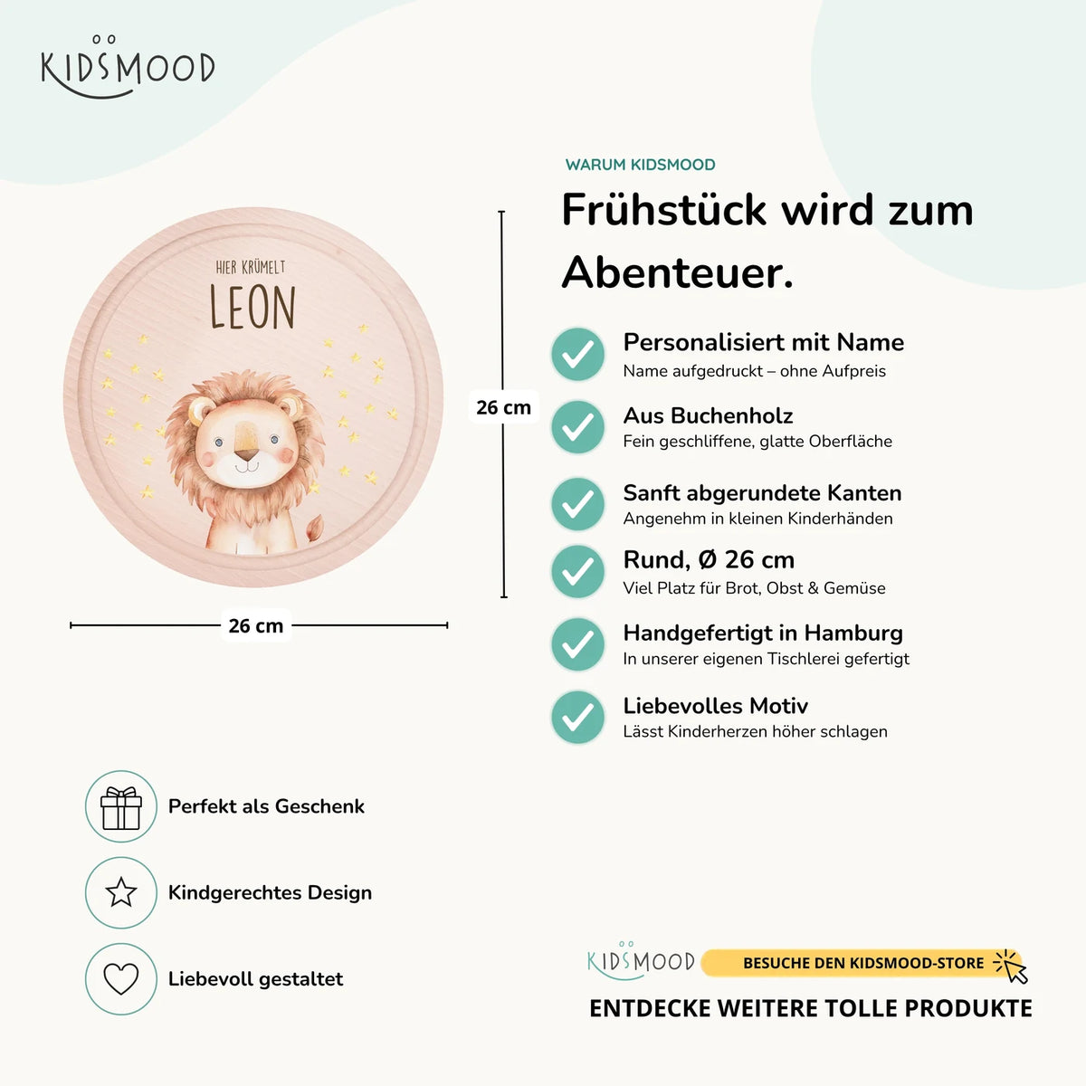 Rundes personalisiertes Frühstücksbrettchen Löwe mit Namen für Kinder
