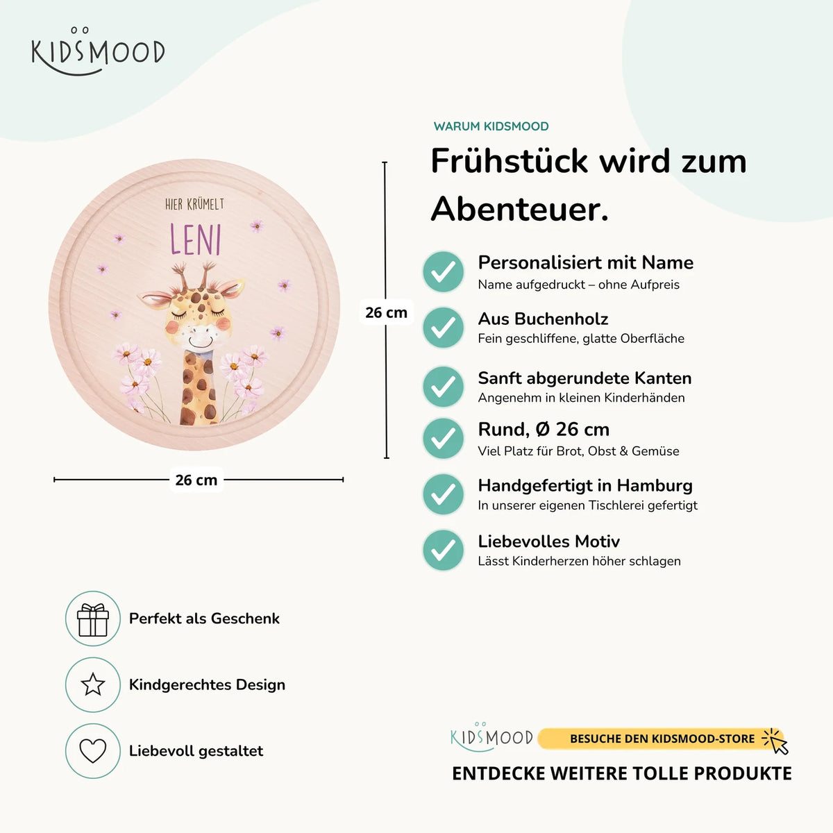Rundes personalisiertes Frühstücksbrettchen Giraffe mit Namen für Kinder
