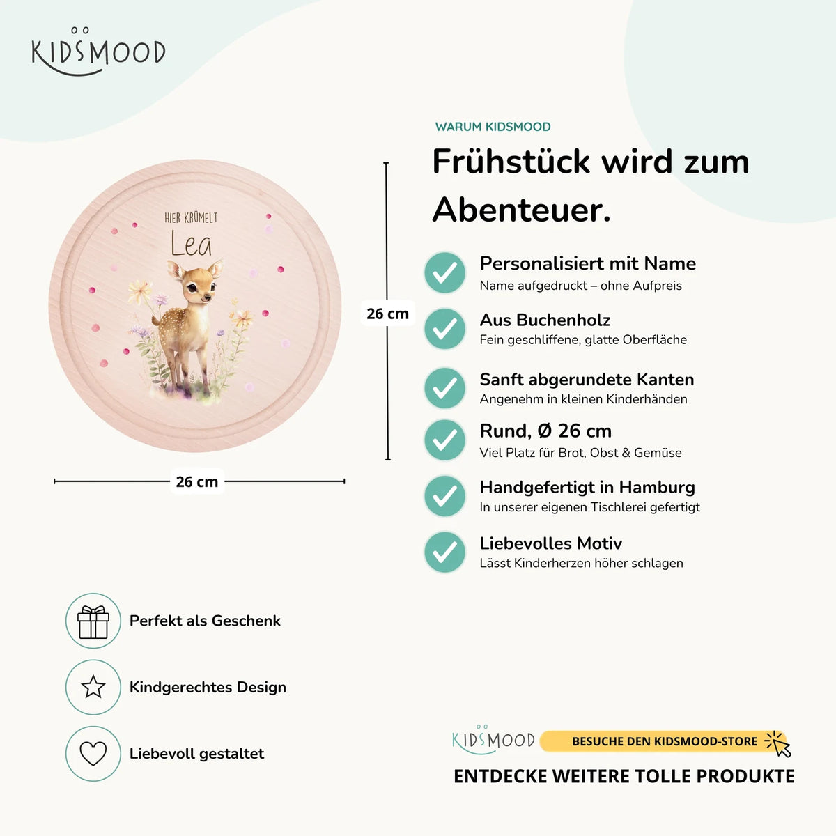 Rundes personalisiertes Frühstücksbrettchen Reh mit Namen für Kinder