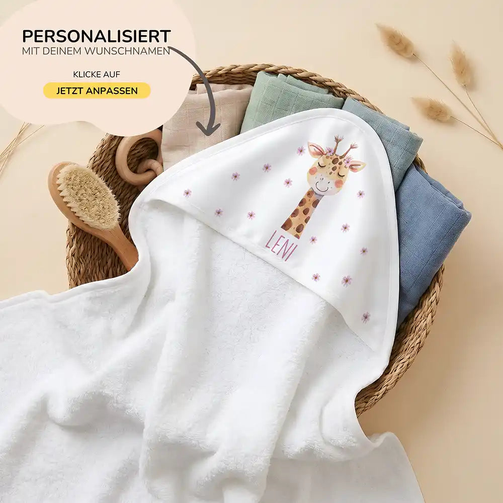 Personalisiertes Kapuzenhandtuch Baby Giraffe BlĂŒten â 80Ă80 cm Frottee mit Wunschname