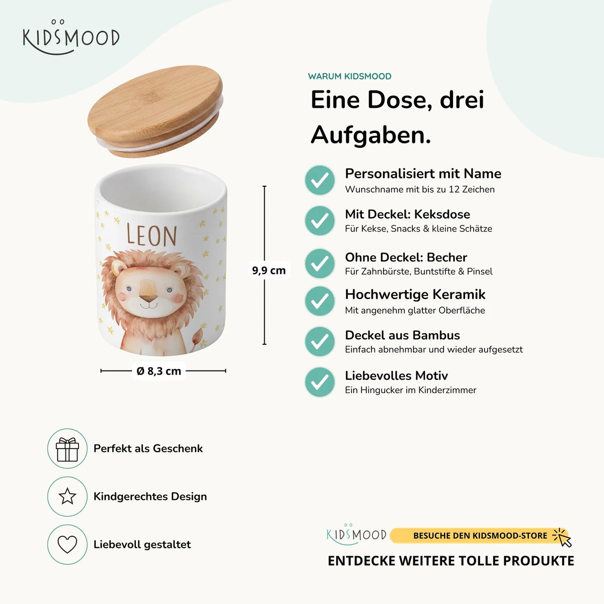 Personalisierte Keksdose Löwe Sterne â Keramik & Bambus mit Wunschname