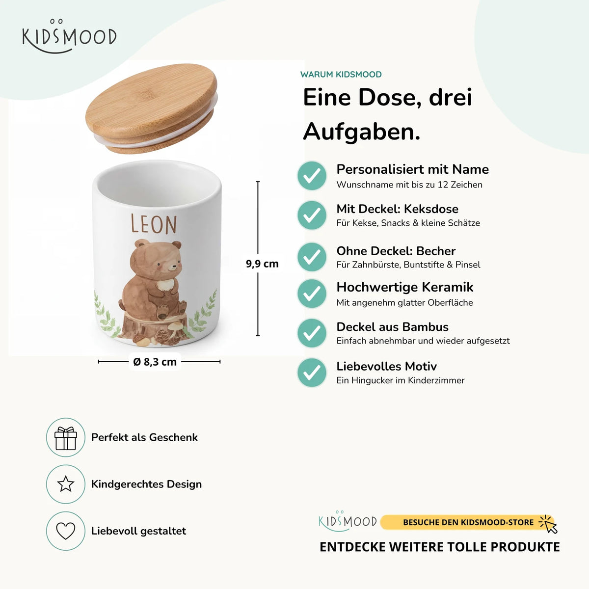 Personalisierte Keksdose BĂ€r Wald â Keramik & Bambus mit Wunschname