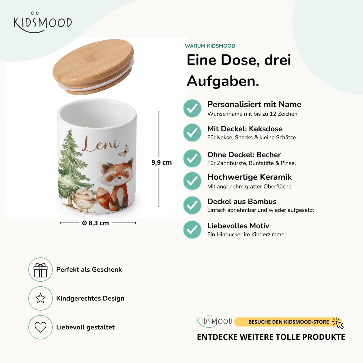 Personalisierte Keksdose Roter Panda & Eule – Keramik & Bambus mit Wunschname