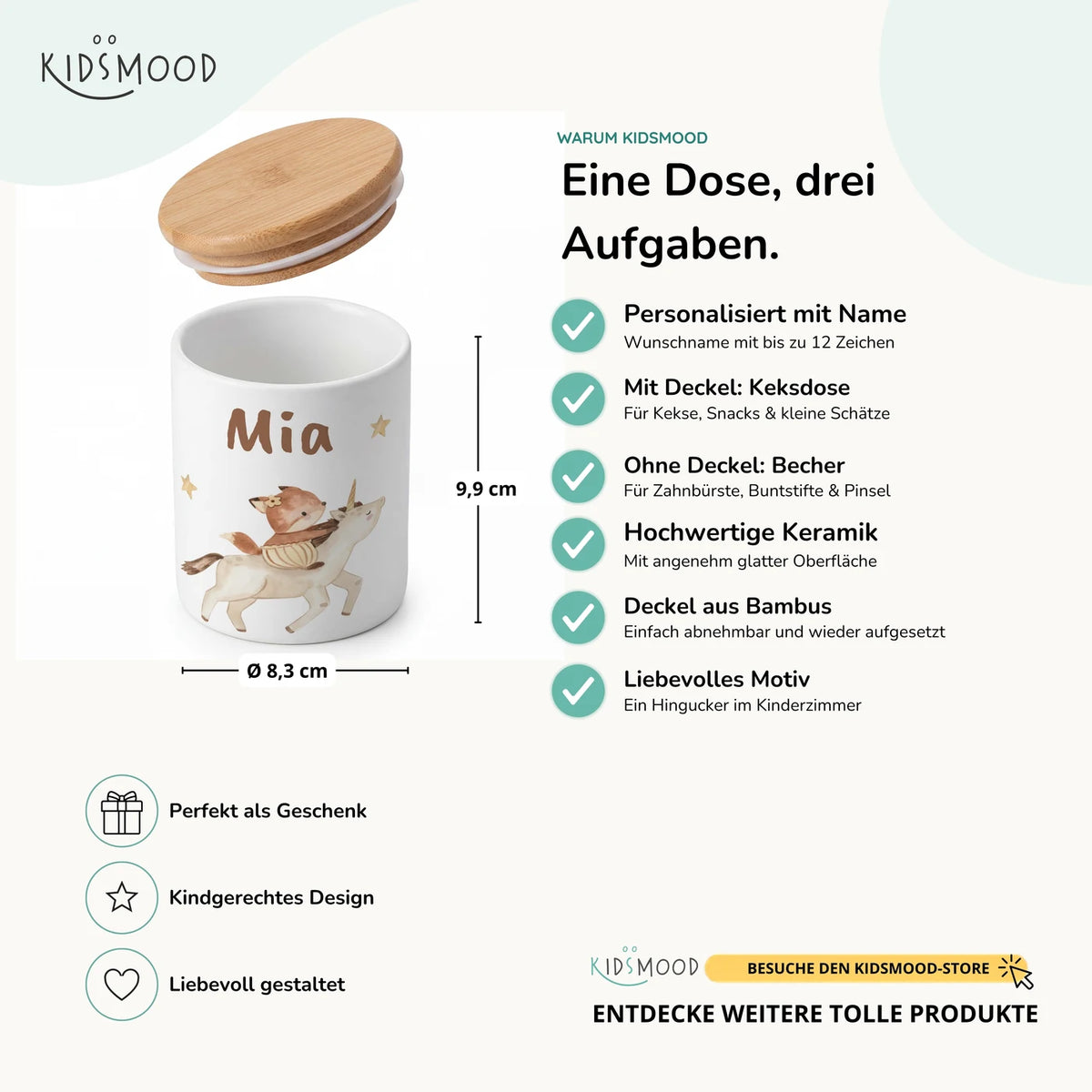 Personalisierte Keksdose Fuchs & Einhorn – Keramik & Bambus mit Wunschname