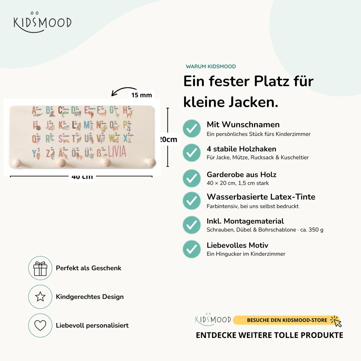 Kindergarderobe Holz personalisiert - ABC Tiere