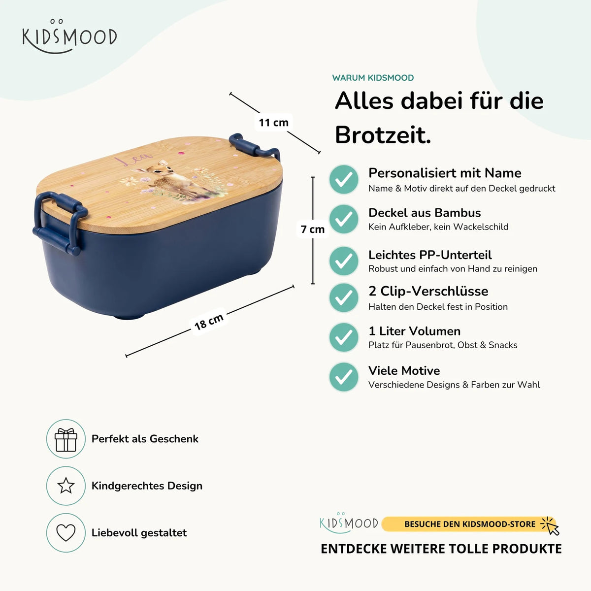 Brotdose Kinder personalisiert, Rehkitz mit Blumen