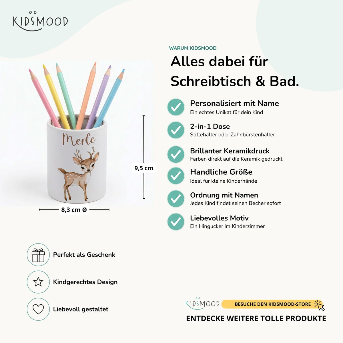 Personalisierter Stiftehalter Rehkitz Bambi â Keramik mit Wunschname