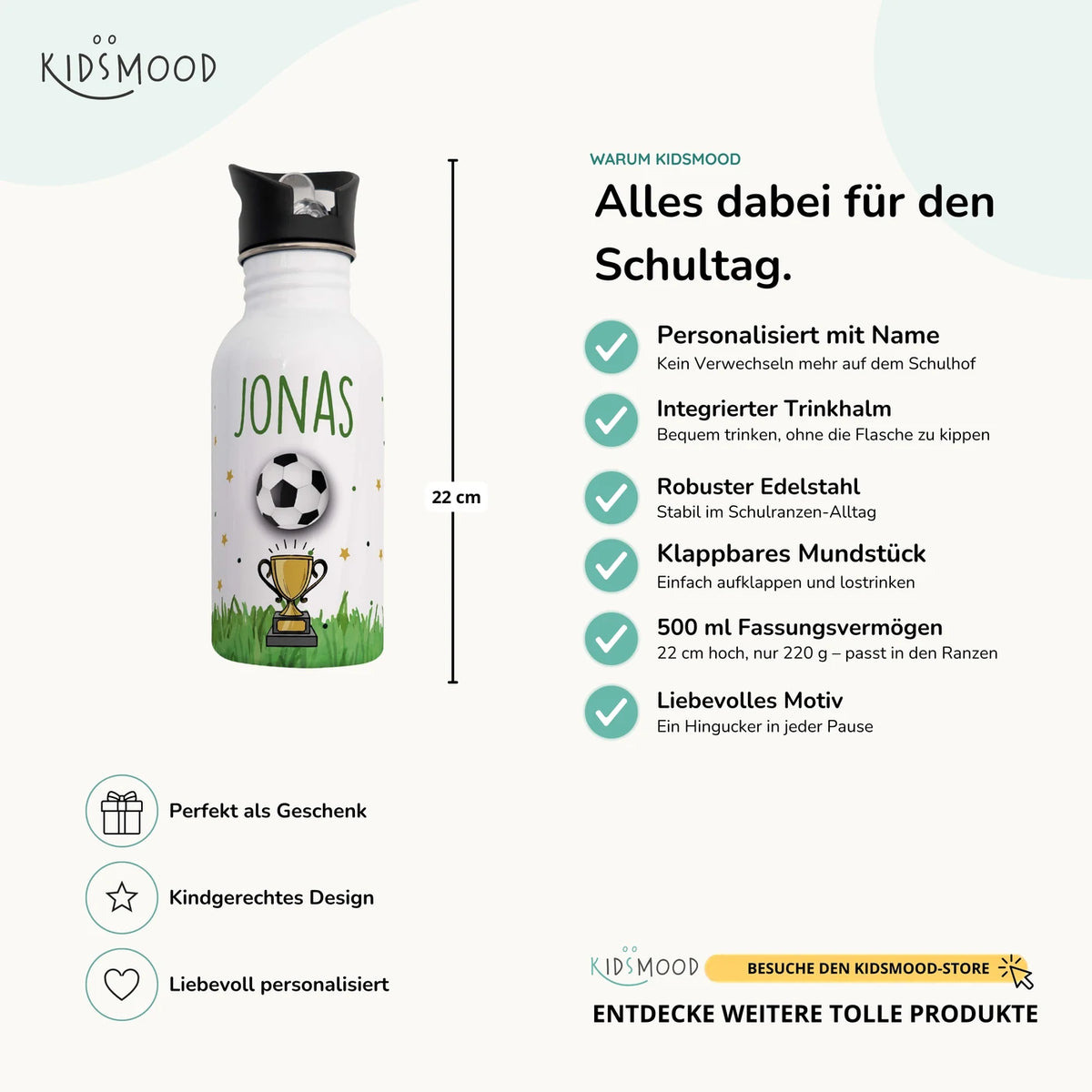 Trinkflasche Kinder Edelstahl - FuĂball Champion