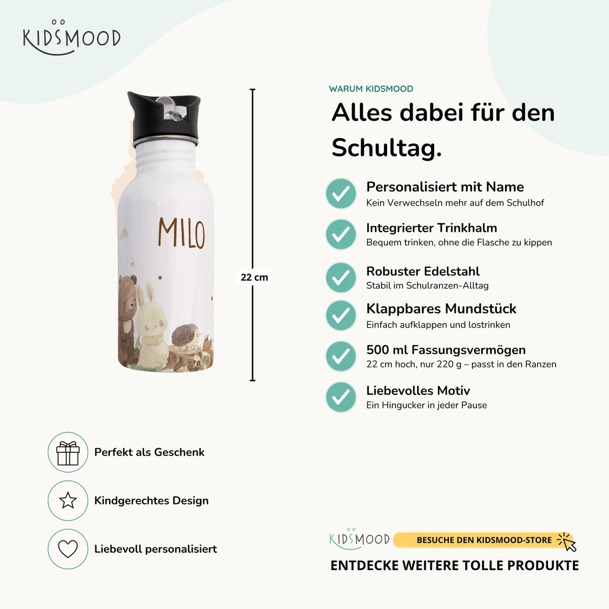 Trinkflasche Kinder Edelstahl - Waldtiere