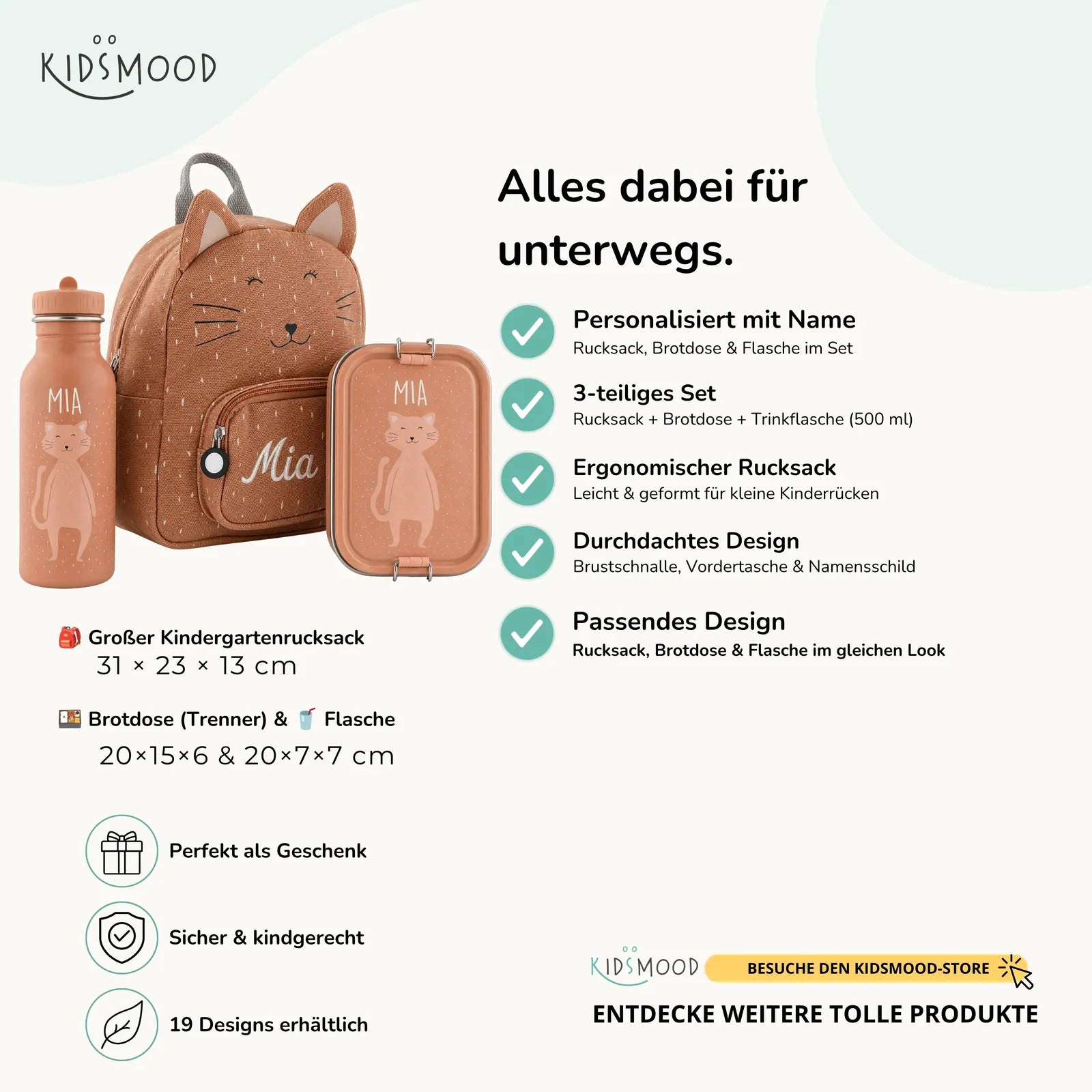 Trixie Kindergarten Set Katze, Set aus Rucksack, Trinkflasche und Brotdose, personalisiert