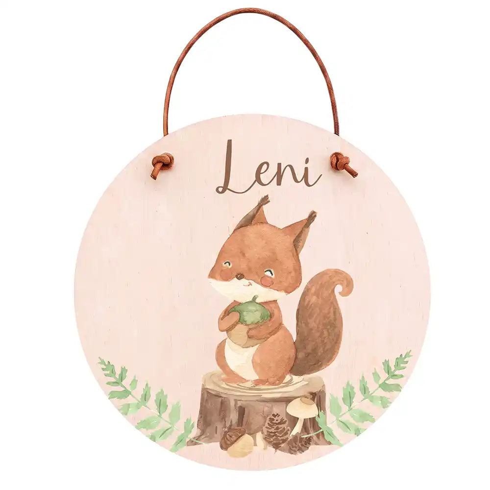 Türschild Kinderzimmer Eichhörnchen im Wald, aus Echtholz, personalisiert mit Wunschname
