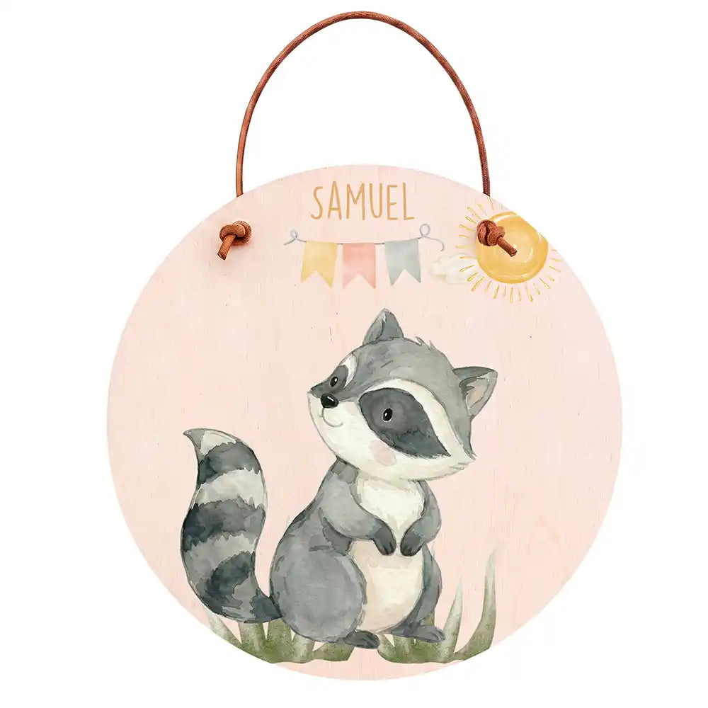 Türschild Kinderzimmer Waschbär mit Wimpelkette, aus Echtholz, personalisiert mit Wunschname