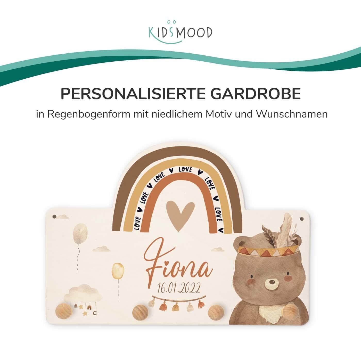 Handgefertigte Regenbogen-Garderobe aus Holz Bär