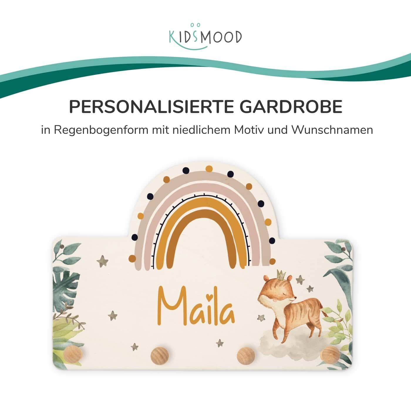 Handgefertigte Regenbogen-Garderobe aus Holz Fuchs