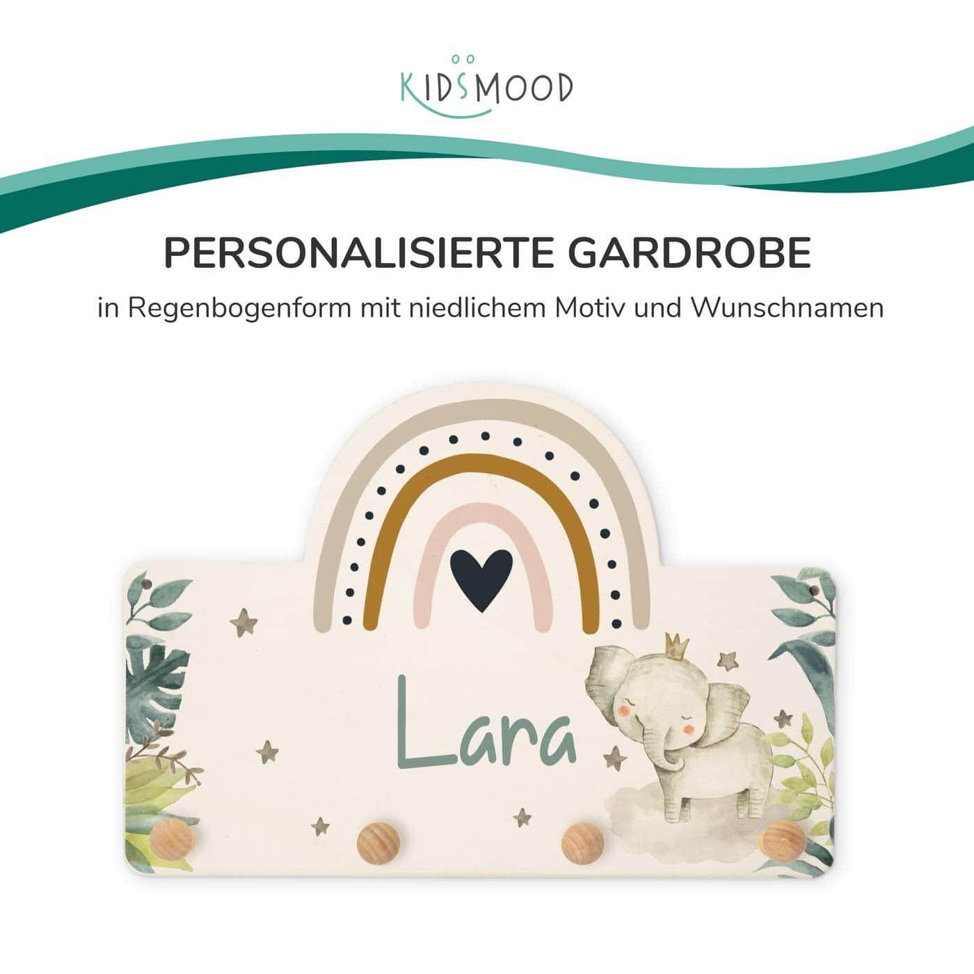 Handgefertigte Regenbogen-Garderobe aus Holz Elefant