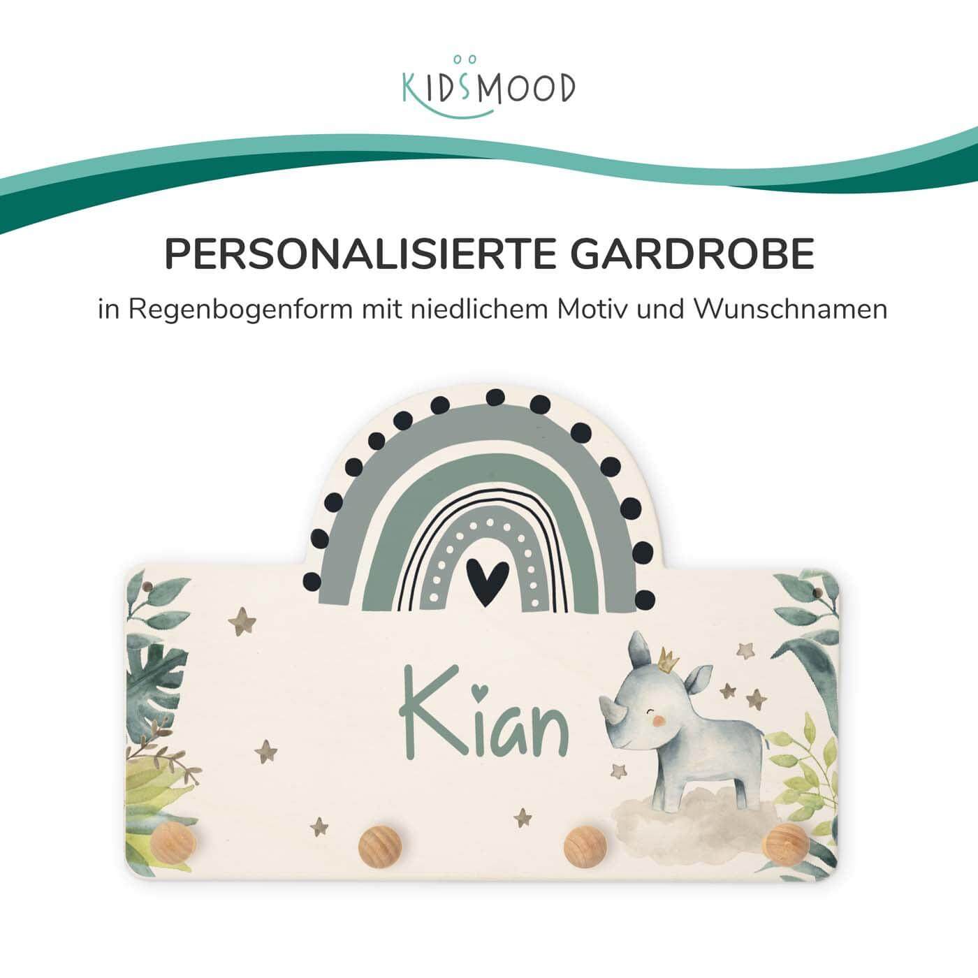 Handgefertigte Regenbogen-Garderobe aus Holz Nashorn