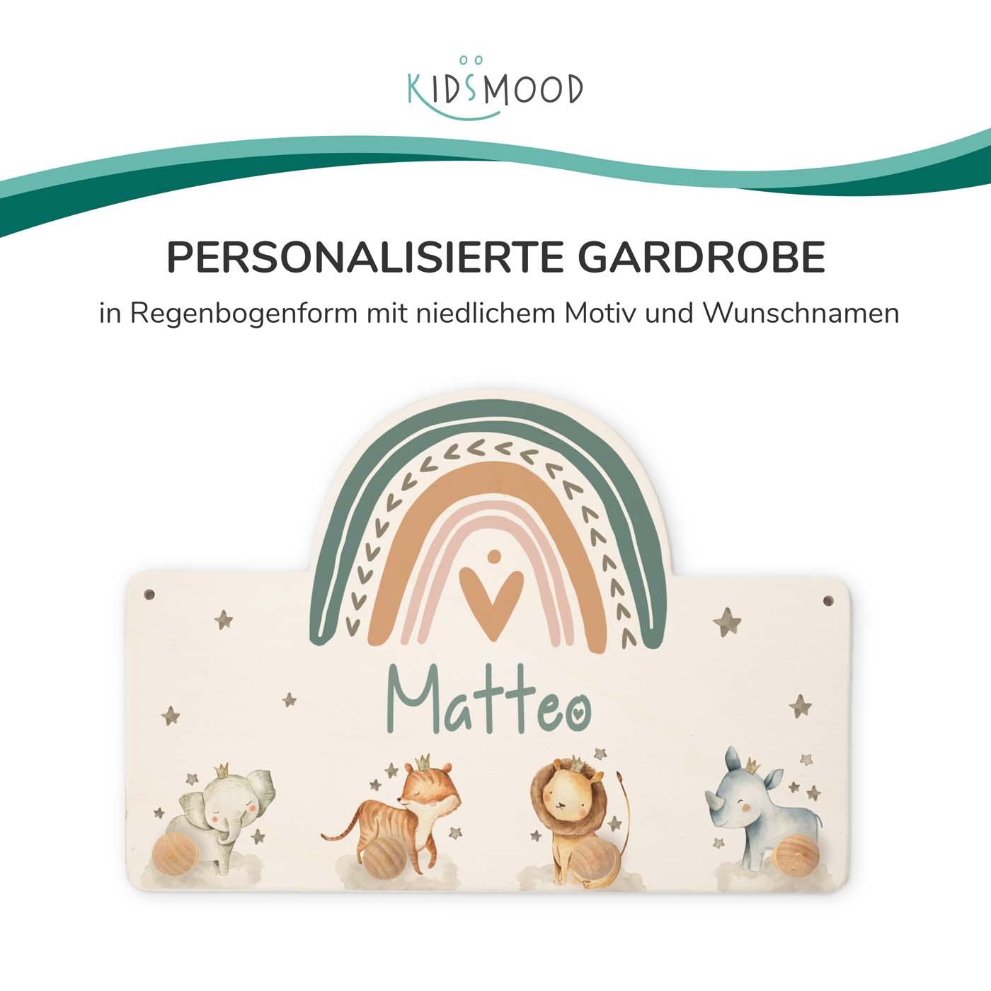 Handgefertigte Regenbogen-Garderobe aus Holz Tier Familie