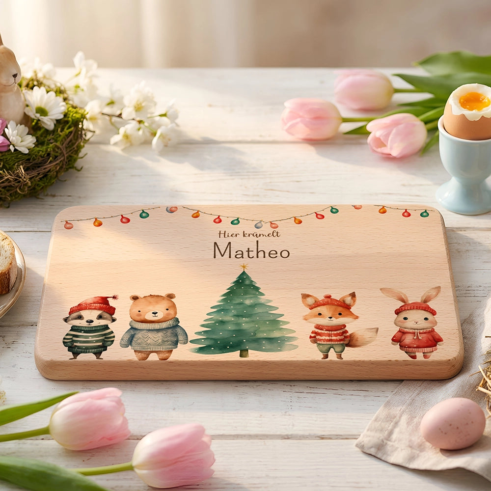 Frühstücksbrettchen Weihnachten mit Tieren und Lichterkette - Geschenk Weihnachten