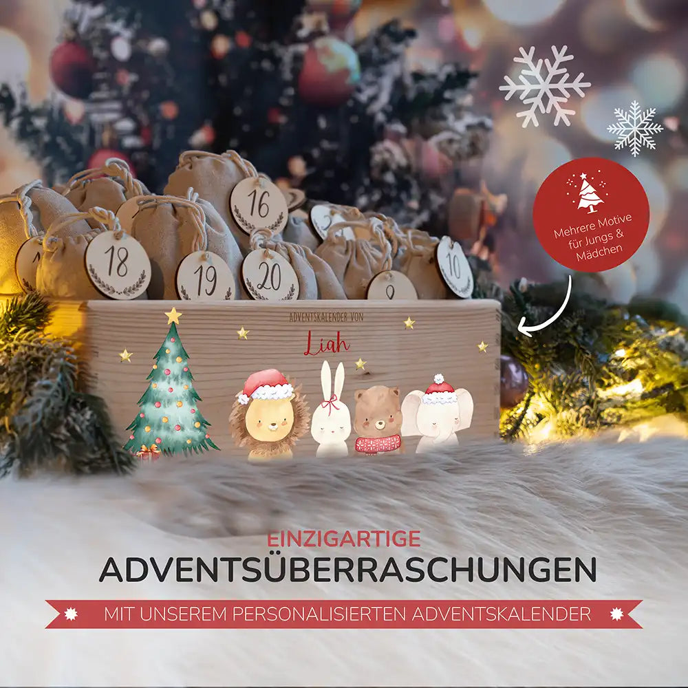 Adventskiste zum befüllen "Weihnachten mit weihnachtlichem Tiertrio" personalisiert
