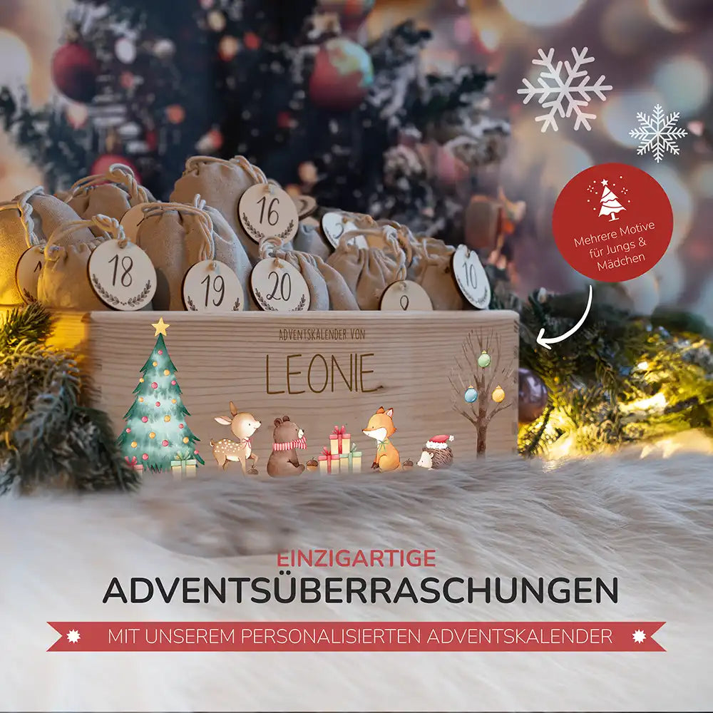 Adventskiste zum befüllen "Waldtiere um den Weihnachtsbaum" personalisiert