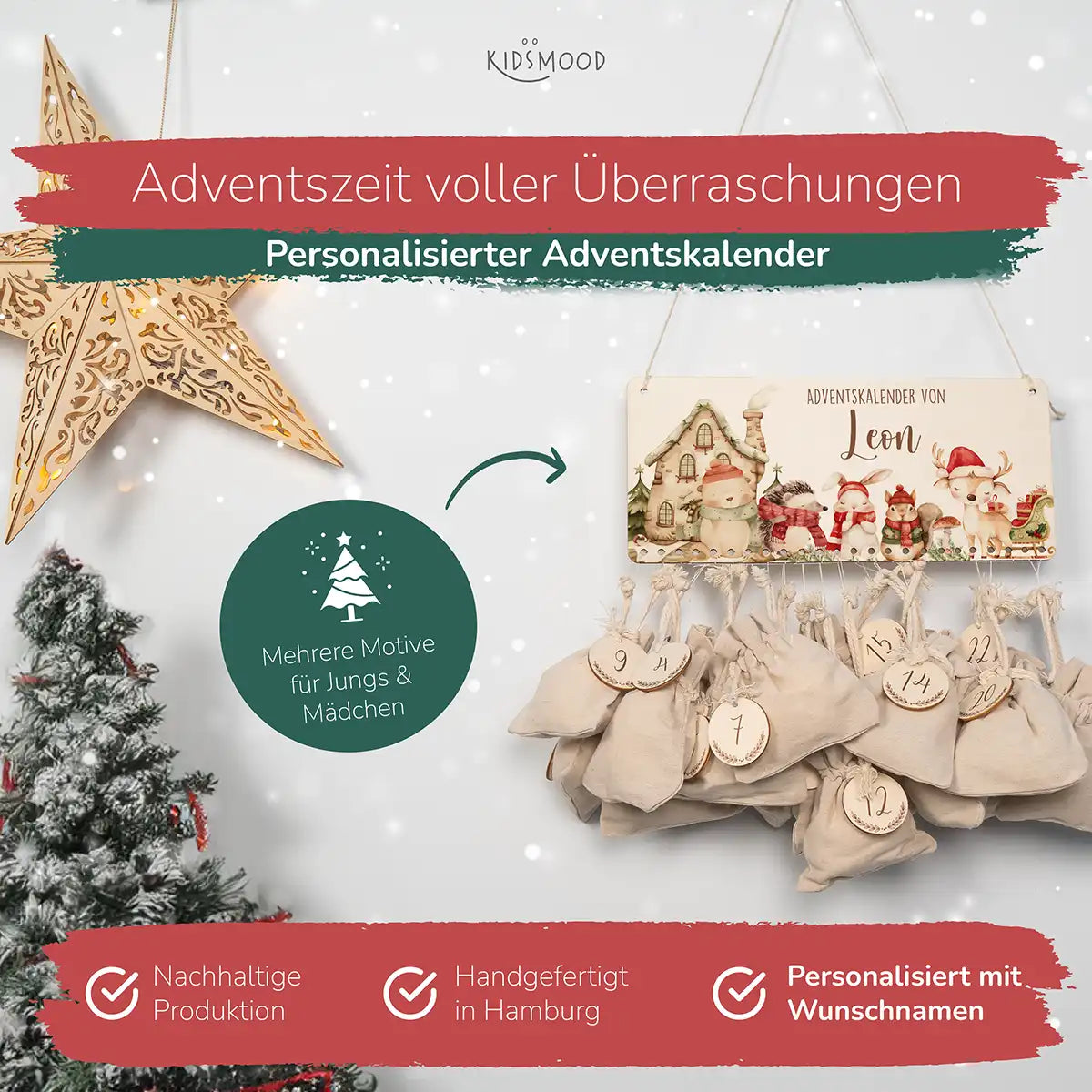 Personalisierbarer Adventskalender farbig - Fröhliche Tierfamilie