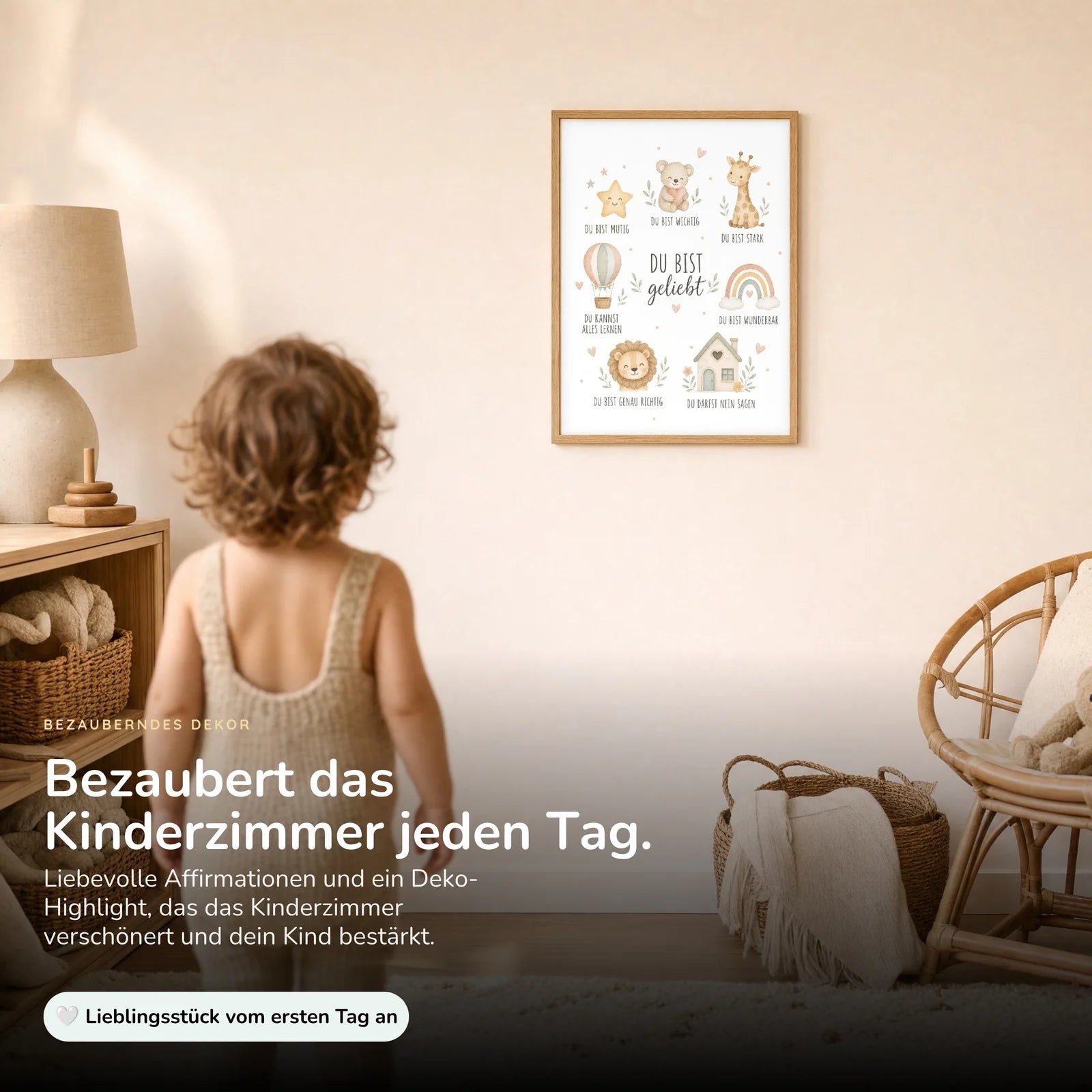 Affirmationsposter Kinderzimmer Collage Du bist geliebt, im Kinderzimmer an der Wand