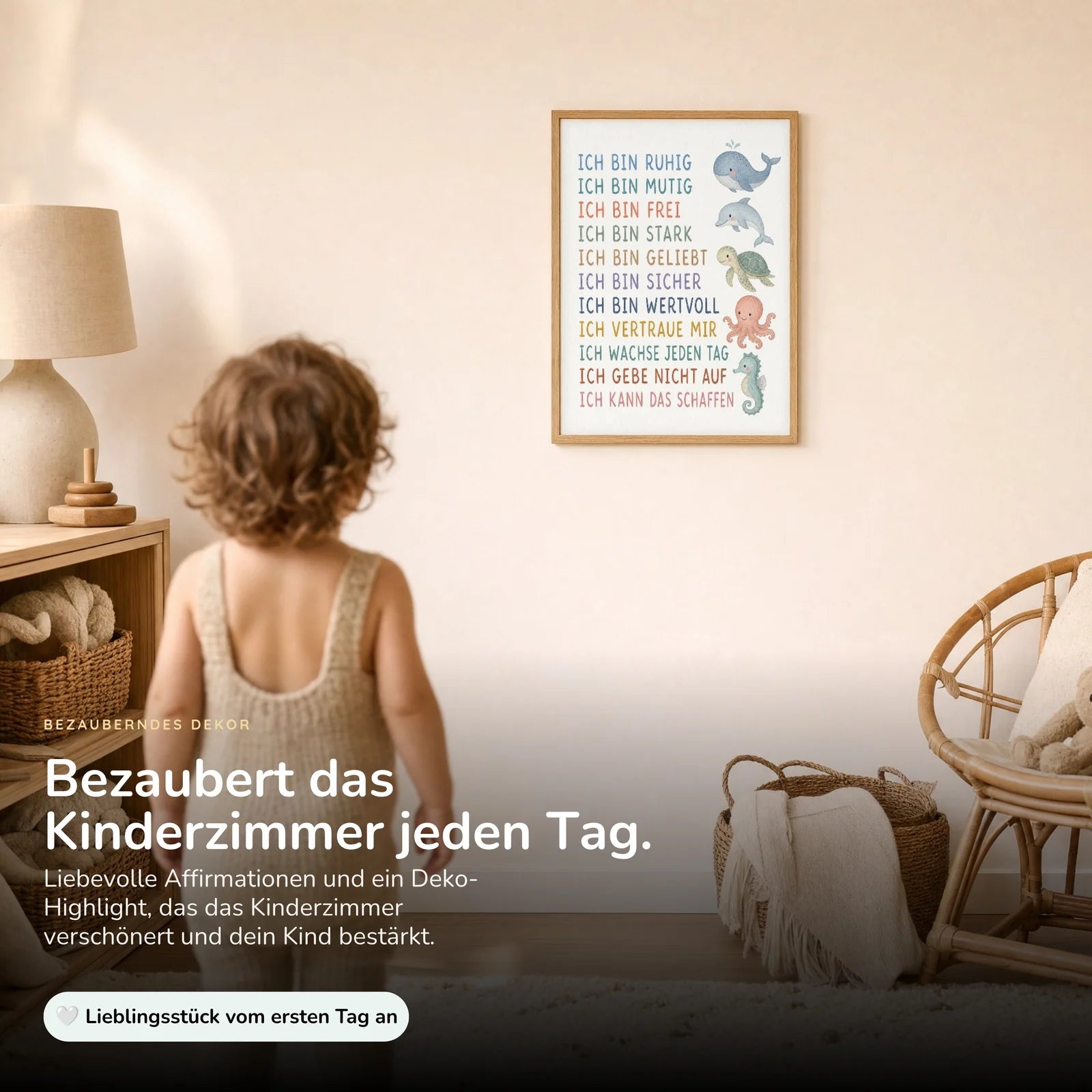 Affirmationsposter Kinderzimmer Meerestiere, im Kinderzimmer an der Wand