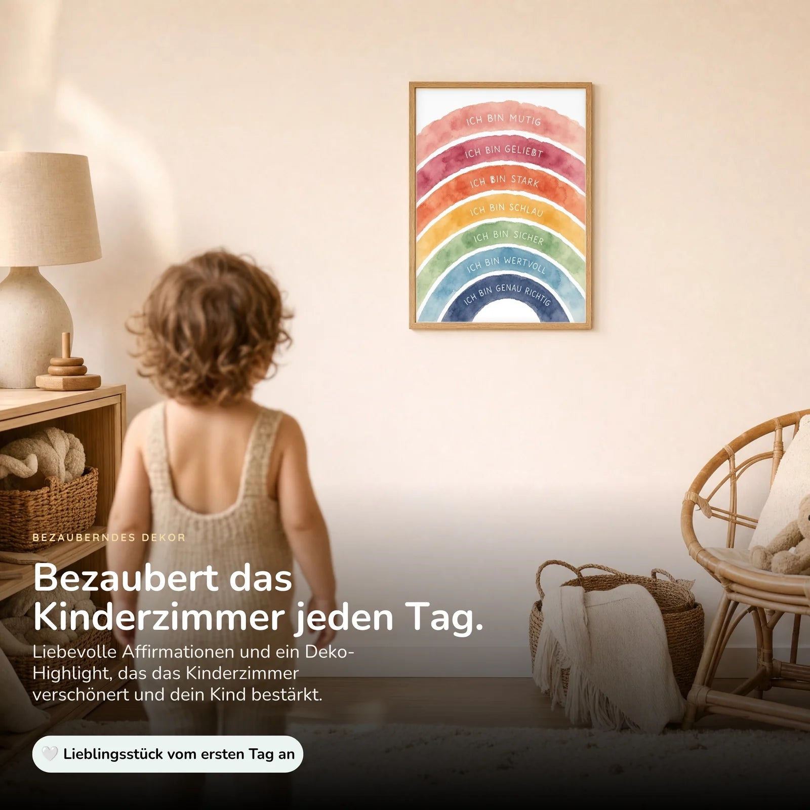 Affirmationsposter Kinderzimmer Regenbogen Ich bin bunt, im Kinderzimmer an der Wand